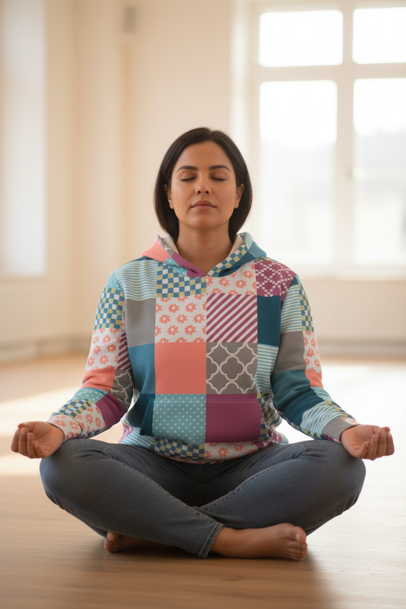 Pastel Patchwork Hoodie Yoga Studio Waist Up